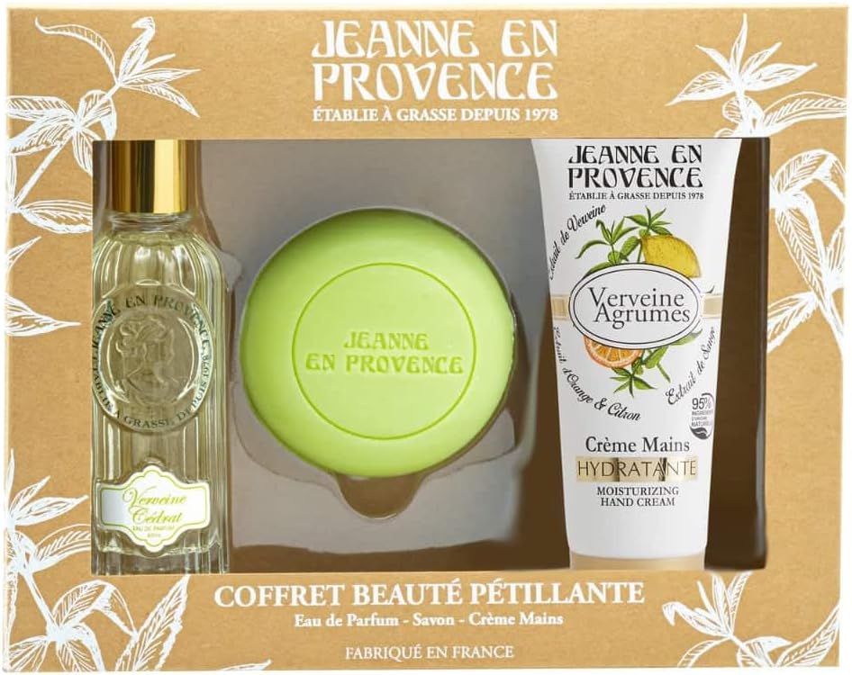 JEANNE EN PROVENCE - Coffret Verveine Beauté Pétillante - Eau de parfum 60ml + Crème mains 75ml + Savon solide 100g - 95% d'Ingrédients d'Origine Naturelle - Savon fabriqué en Provence - 100 gr