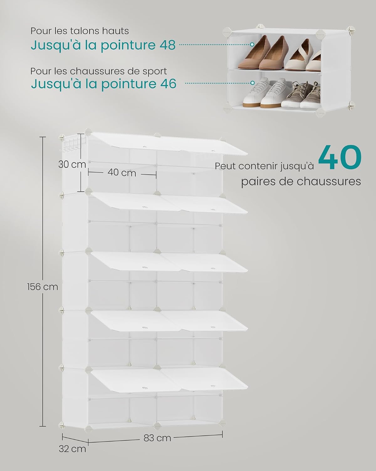 SONGMICS Étagère à Chaussures 10 Compartiments, Étagère de Rangement Modulable, Compartiment de 30 x 40 x 30 cm, Porte, Cadre en Acier, Plastique, pour Couloir, Chambre, Entrée, Noir LPC035B01