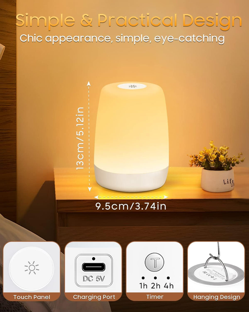 Lampe de Chevet Tactile Intensité Variable, 5 Modes & 256 Couleurs RVB Changement Veilleuse Bébé Enfants Adulte, Lampe d'allaitement LED Rechargeable USB, Lampe de table Sans Fil pour Chambre Ambiance
