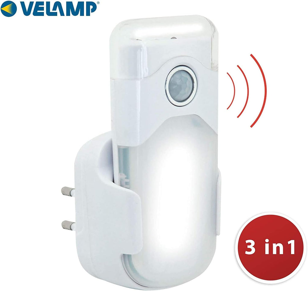 VELAMP - Lampe Torche LED Rechargeable Induction 3 en 1 - Veilleuse Prise Électrique avec Détecteur de Mouvements + Lampe Murale sans Fil Urgence Anti Coupures de Courant + Lampe de Poche Amovible