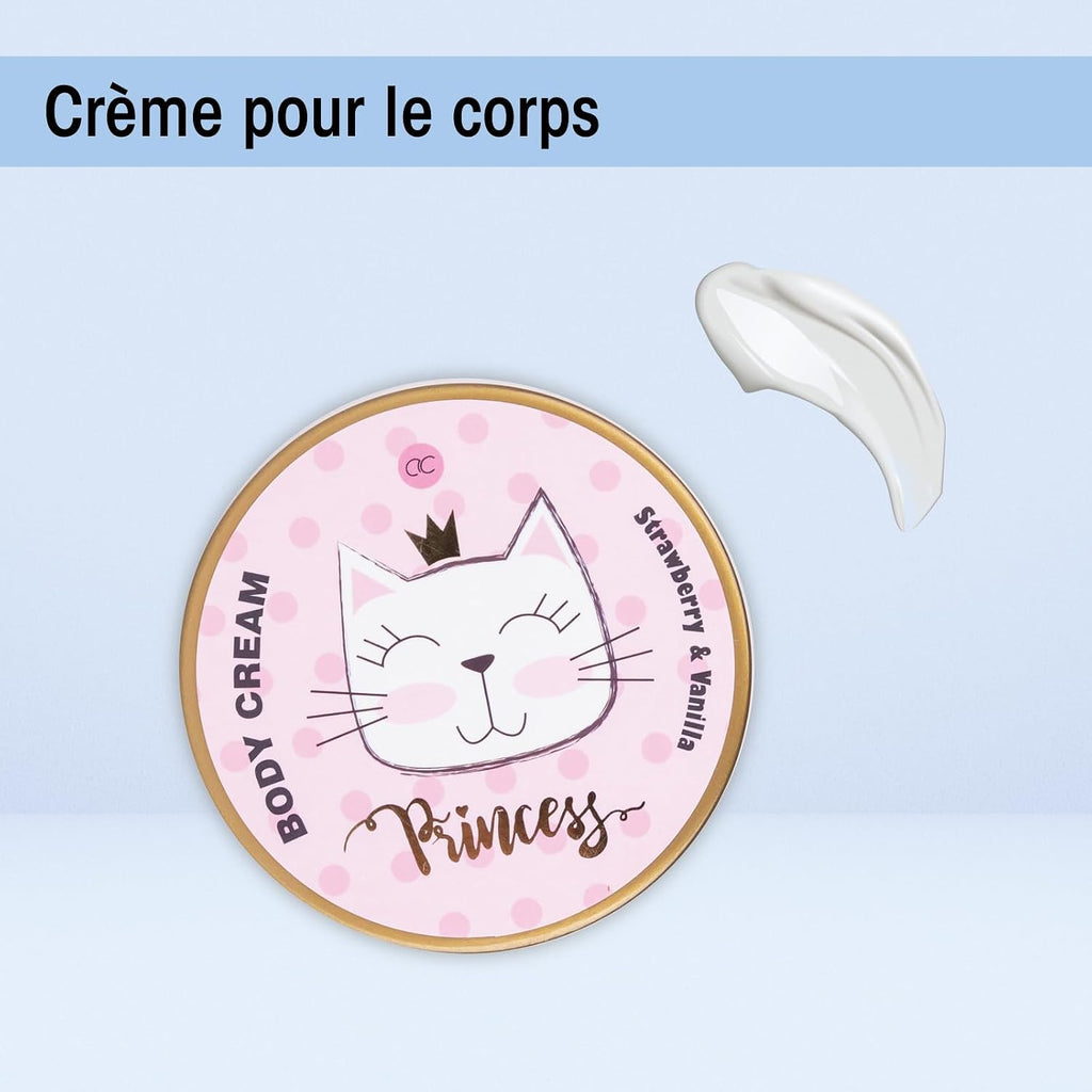 Accentra Coffret cadeau PRINCESS KITTY, coffret cadeau fille avec 250 ml gel douche, 180 ml lait corps, 180 ml gommage corps, 60 ml crème corps, 2 x 40 g bombe de bain, joli panier rose à offrir