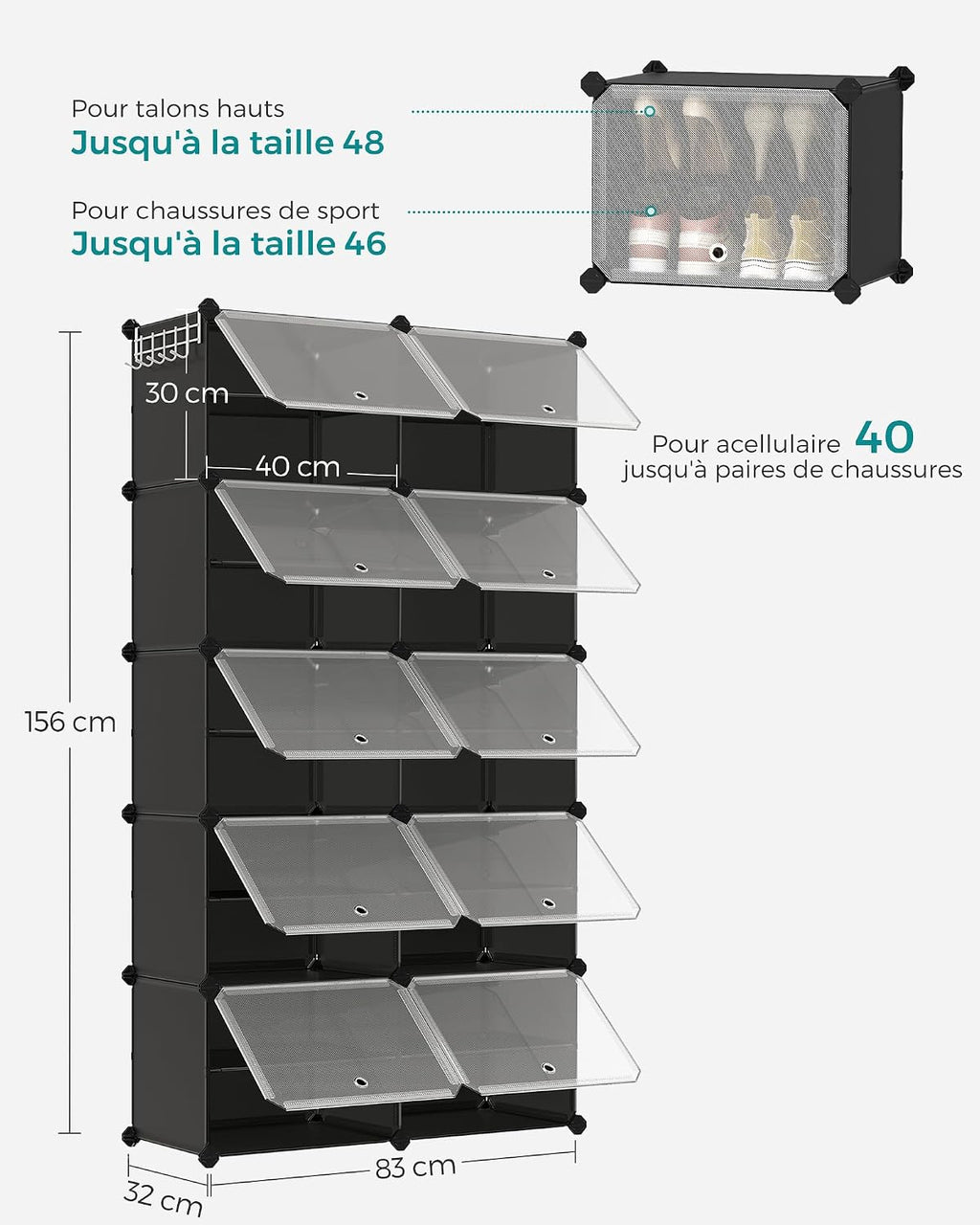 SONGMICS Étagère à Chaussures 10 Compartiments, Étagère de Rangement Modulable, Compartiment de 30 x 40 x 30 cm, Porte, Cadre en Acier, Plastique, pour Couloir, Chambre, Entrée, Noir LPC035B01