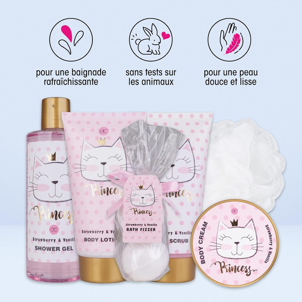 Accentra Coffret cadeau PRINCESS KITTY, coffret cadeau fille avec 250 ml gel douche, 180 ml lait corps, 180 ml gommage corps, 60 ml crème corps, 2 x 40 g bombe de bain, joli panier rose à offrir