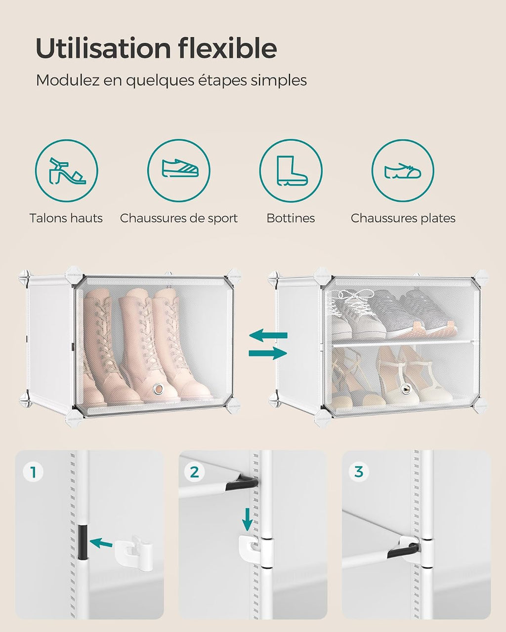 SONGMICS Étagère à Chaussures 10 Compartiments, Étagère de Rangement Modulable, Compartiment de 30 x 40 x 30 cm, Porte, Cadre en Acier, Plastique, pour Couloir, Chambre, Entrée, Noir LPC035B01