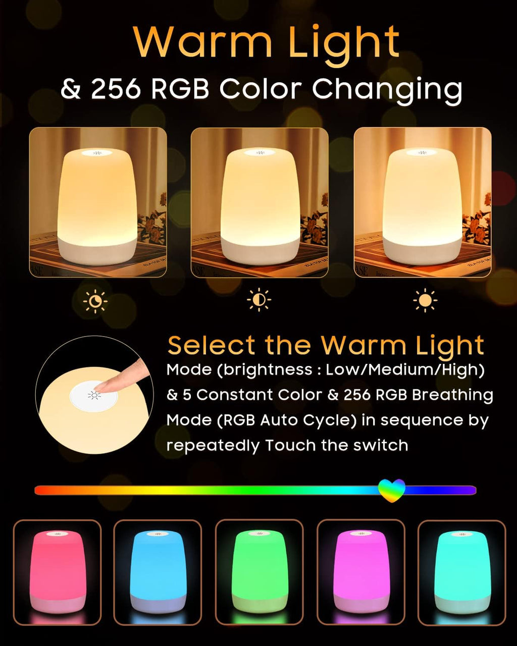 Lampe de Chevet Tactile Intensité Variable, 5 Modes & 256 Couleurs RVB Changement Veilleuse Bébé Enfants Adulte, Lampe d'allaitement LED Rechargeable USB, Lampe de table Sans Fil pour Chambre Ambiance