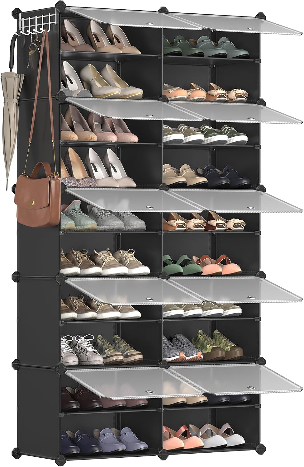 SONGMICS Étagère à Chaussures 10 Compartiments, Étagère de Rangement Modulable, Compartiment de 30 x 40 x 30 cm, Porte, Cadre en Acier, Plastique, pour Couloir, Chambre, Entrée, Noir LPC035B01