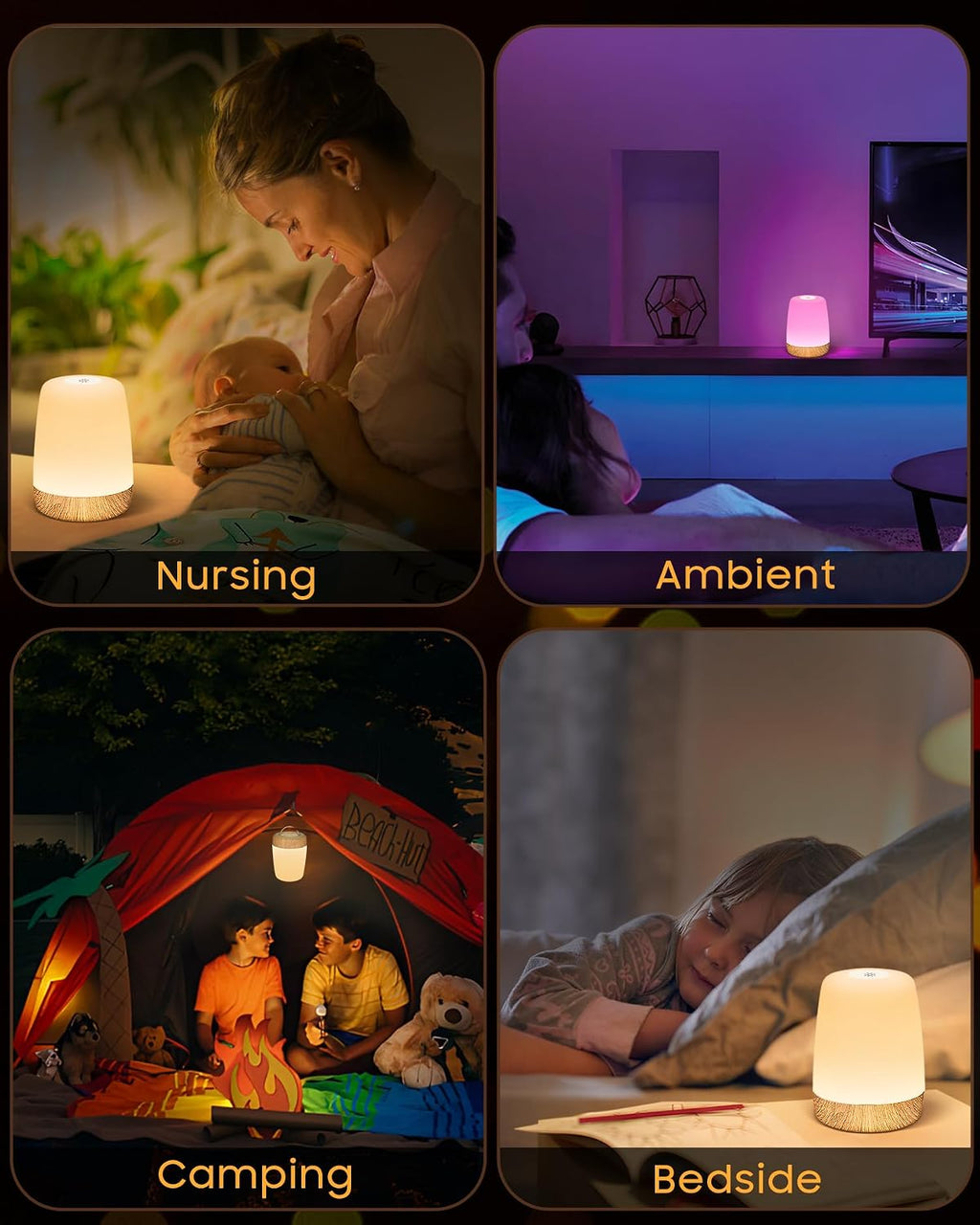 Lampe de Chevet Tactile Intensité Variable, 5 Modes & 256 Couleurs RVB Changement Veilleuse Bébé Enfants Adulte, Lampe d'allaitement LED Rechargeable USB, Lampe de table Sans Fil pour Chambre Ambiance