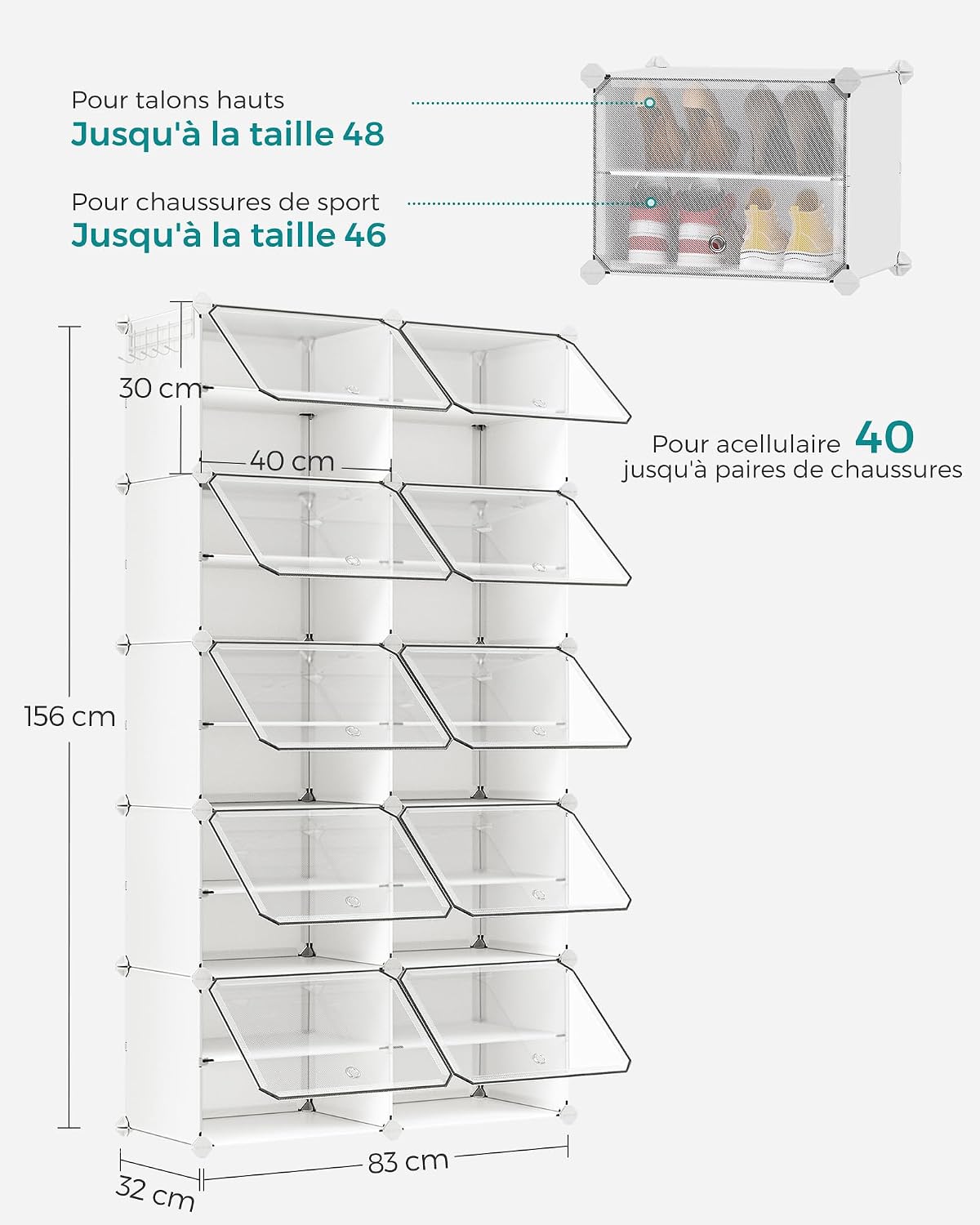 SONGMICS Étagère à Chaussures 10 Compartiments, Étagère de Rangement Modulable, Compartiment de 30 x 40 x 30 cm, Porte, Cadre en Acier, Plastique, pour Couloir, Chambre, Entrée, Noir LPC035B01