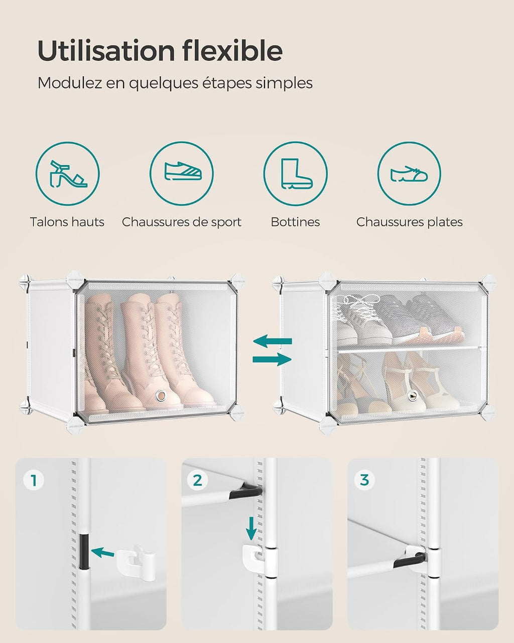 SONGMICS Étagère à Chaussures 10 Compartiments, Étagère de Rangement Modulable, Compartiment de 30 x 40 x 30 cm, Porte, Cadre en Acier, Plastique, pour Couloir, Chambre, Entrée, Noir LPC035B01