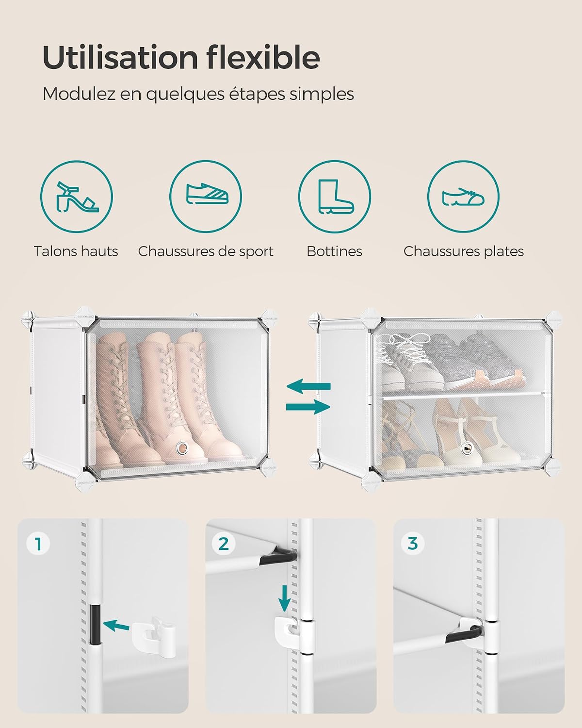SONGMICS Étagère à Chaussures 10 Compartiments, Étagère de Rangement Modulable, Compartiment de 30 x 40 x 30 cm, Porte, Cadre en Acier, Plastique, pour Couloir, Chambre, Entrée, Noir LPC035B01