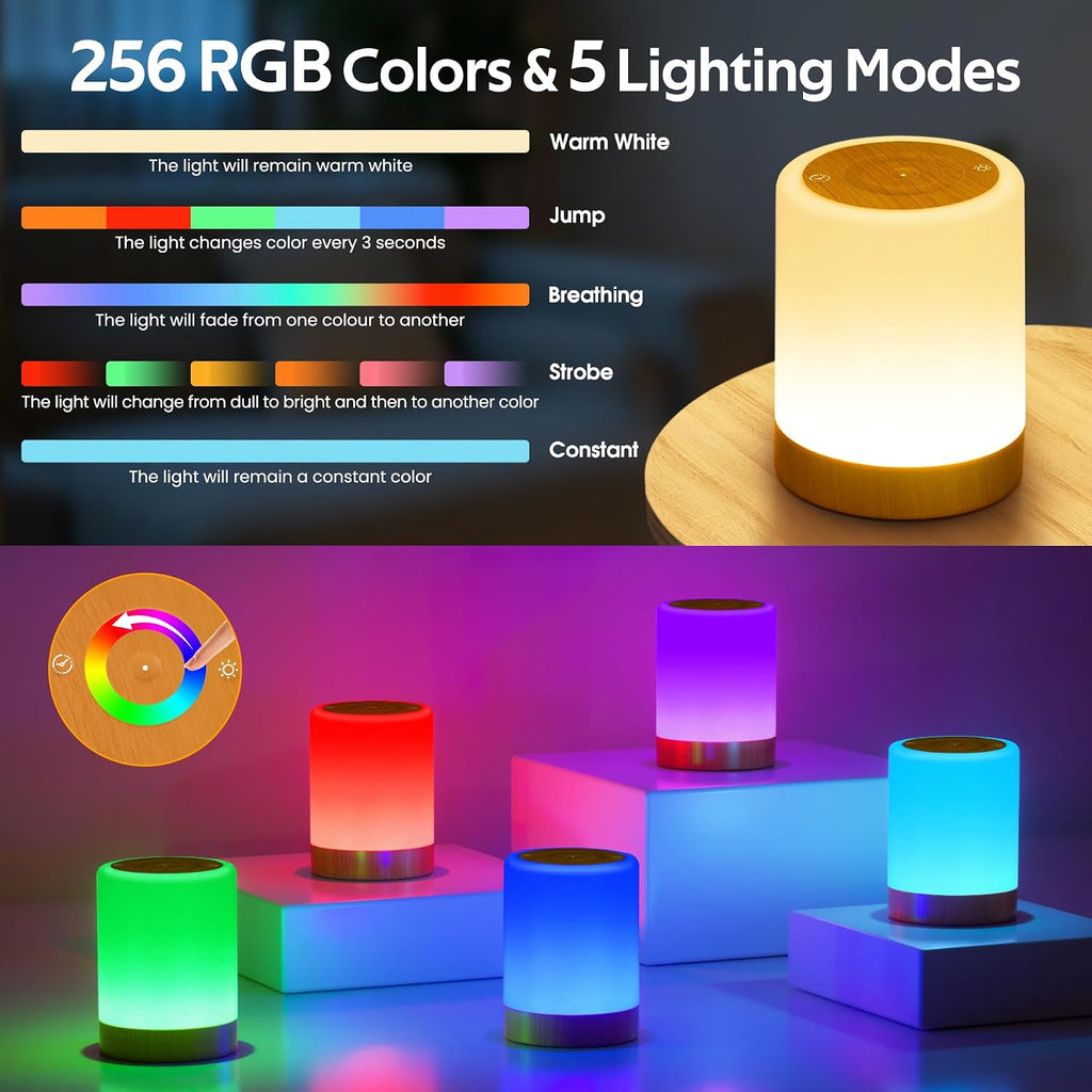 Lampe de Chevet Tactile Intensité Variable, 5 Modes & 256 Couleurs RVB Changement Veilleuse Bébé Enfants Adulte, Lampe d'allaitement LED Rechargeable USB, Lampe de table Sans Fil pour Chambre Ambiance