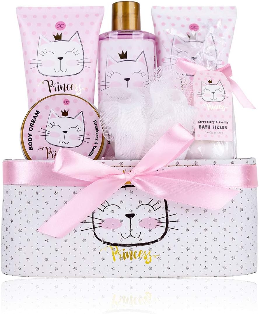 Accentra Coffret cadeau PRINCESS KITTY, coffret cadeau fille avec 250 ml gel douche, 180 ml lait corps, 180 ml gommage corps, 60 ml crème corps, 2 x 40 g bombe de bain, joli panier rose à offrir