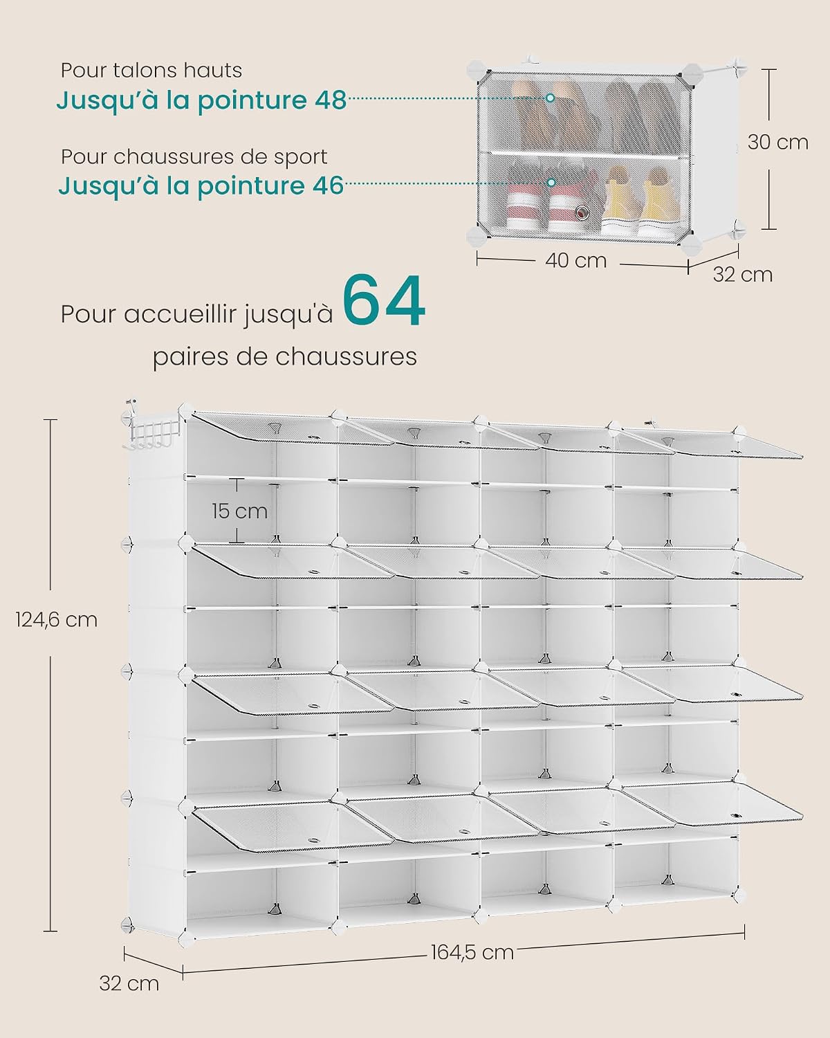 SONGMICS Étagère à Chaussures 10 Compartiments, Étagère de Rangement Modulable, Compartiment de 30 x 40 x 30 cm, Porte, Cadre en Acier, Plastique, pour Couloir, Chambre, Entrée, Noir LPC035B01