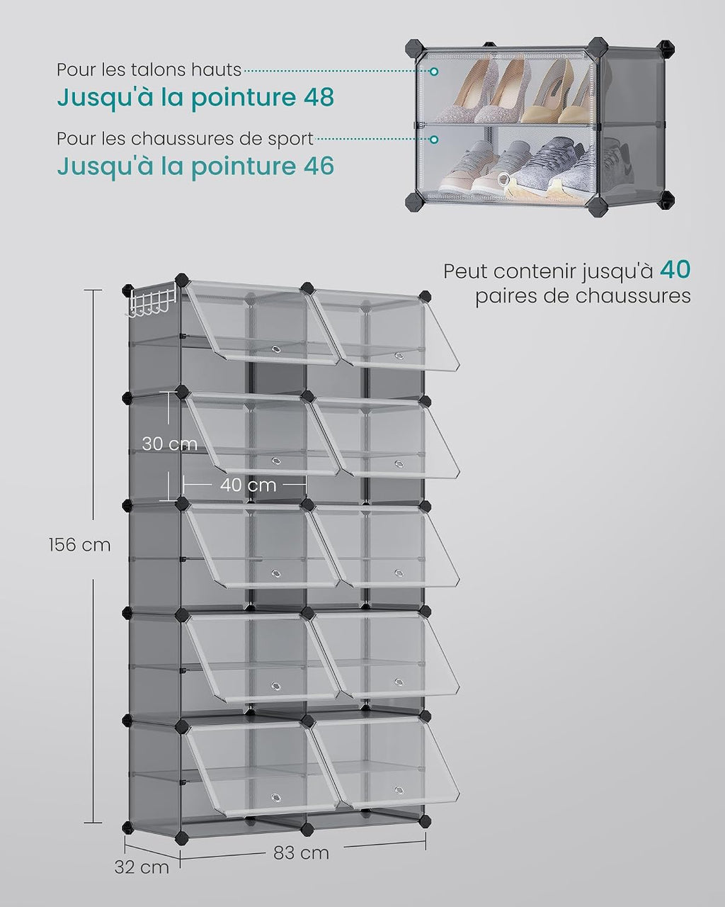 SONGMICS Étagère à Chaussures 10 Compartiments, Étagère de Rangement Modulable, Compartiment de 30 x 40 x 30 cm, Porte, Cadre en Acier, Plastique, pour Couloir, Chambre, Entrée, Noir LPC035B01