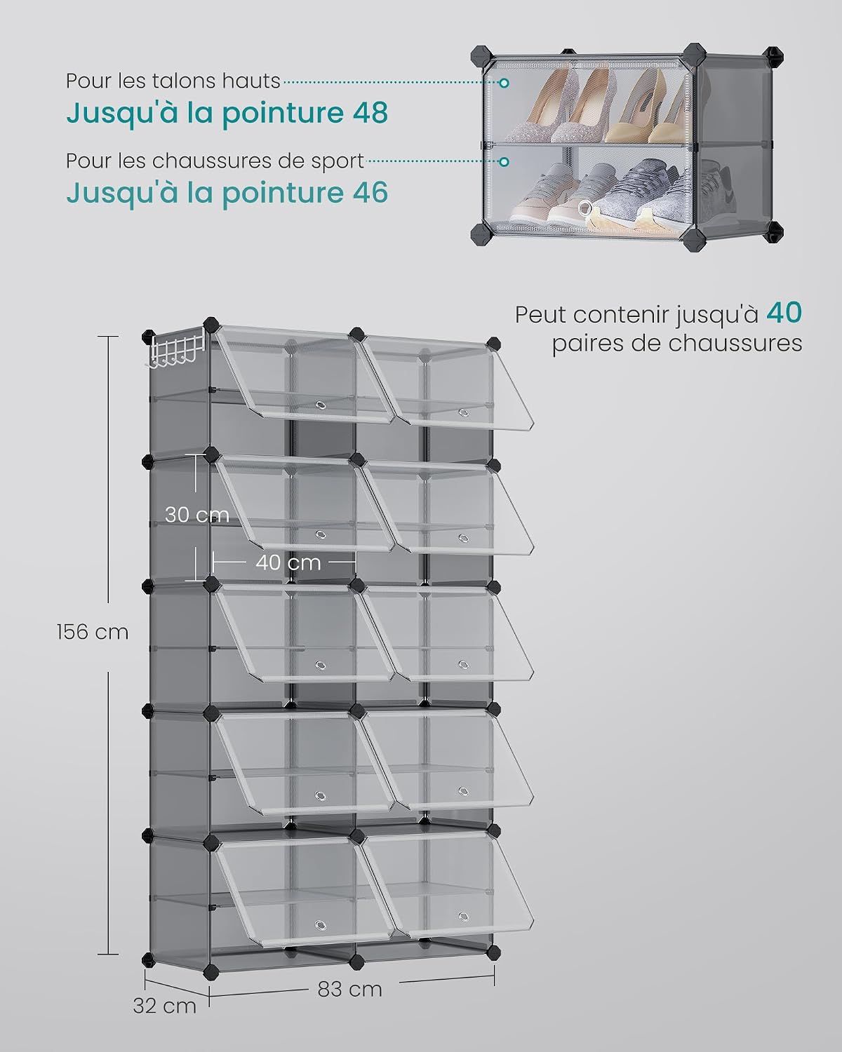 SONGMICS Étagère à Chaussures 10 Compartiments, Étagère de Rangement Modulable, Compartiment de 30 x 40 x 30 cm, Porte, Cadre en Acier, Plastique, pour Couloir, Chambre, Entrée, Noir LPC035B01