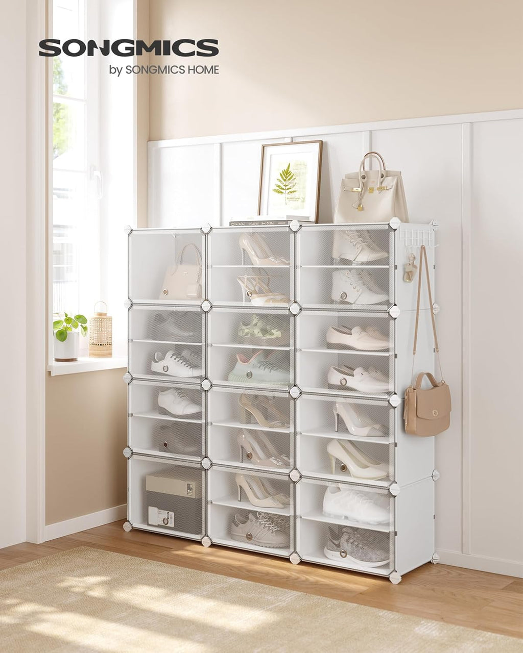 SONGMICS Étagère à Chaussures 10 Compartiments, Étagère de Rangement Modulable, Compartiment de 30 x 40 x 30 cm, Porte, Cadre en Acier, Plastique, pour Couloir, Chambre, Entrée, Noir LPC035B01