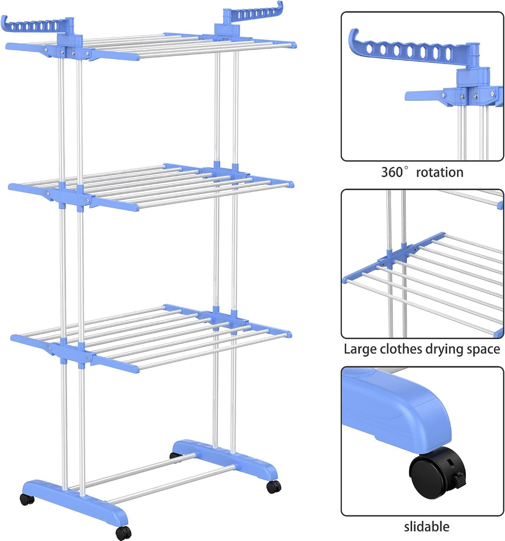 Etendoir Linge Interieur Exterieur, 4 Niveaux Pliable Sechoir a Linge, Gris | Acier Inoxydable Grande Seche Linge Etendoir avec Roues