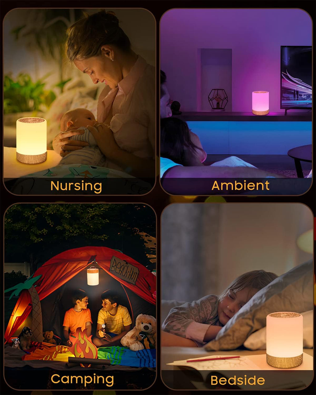 Lampe de Chevet Tactile Intensité Variable, 5 Modes & 256 Couleurs RVB Changement Veilleuse Bébé Enfants Adulte, Lampe d'allaitement LED Rechargeable USB, Lampe de table Sans Fil pour Chambre Ambiance