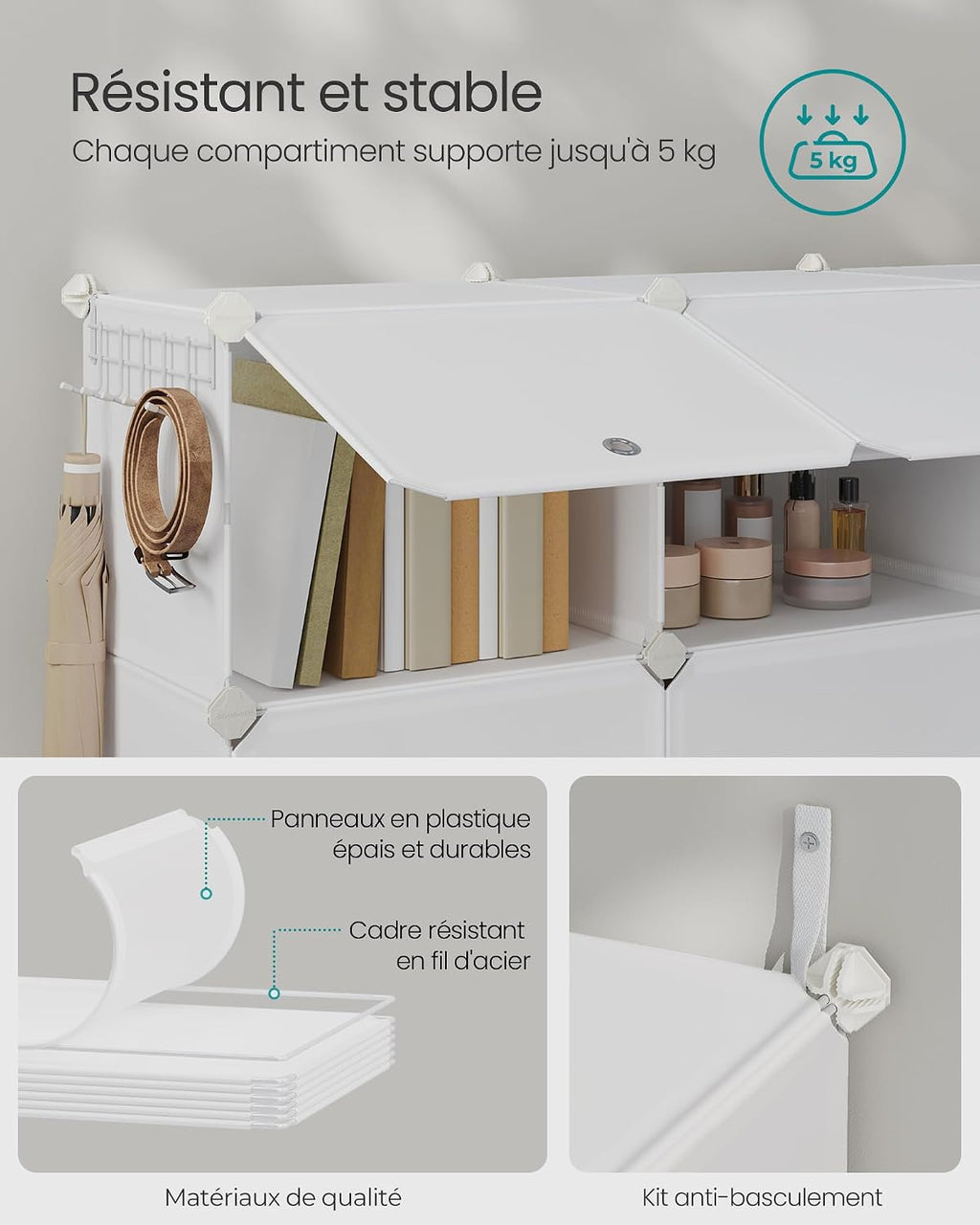 SONGMICS Étagère à Chaussures 10 Compartiments, Étagère de Rangement Modulable, Compartiment de 30 x 40 x 30 cm, Porte, Cadre en Acier, Plastique, pour Couloir, Chambre, Entrée, Noir LPC035B01