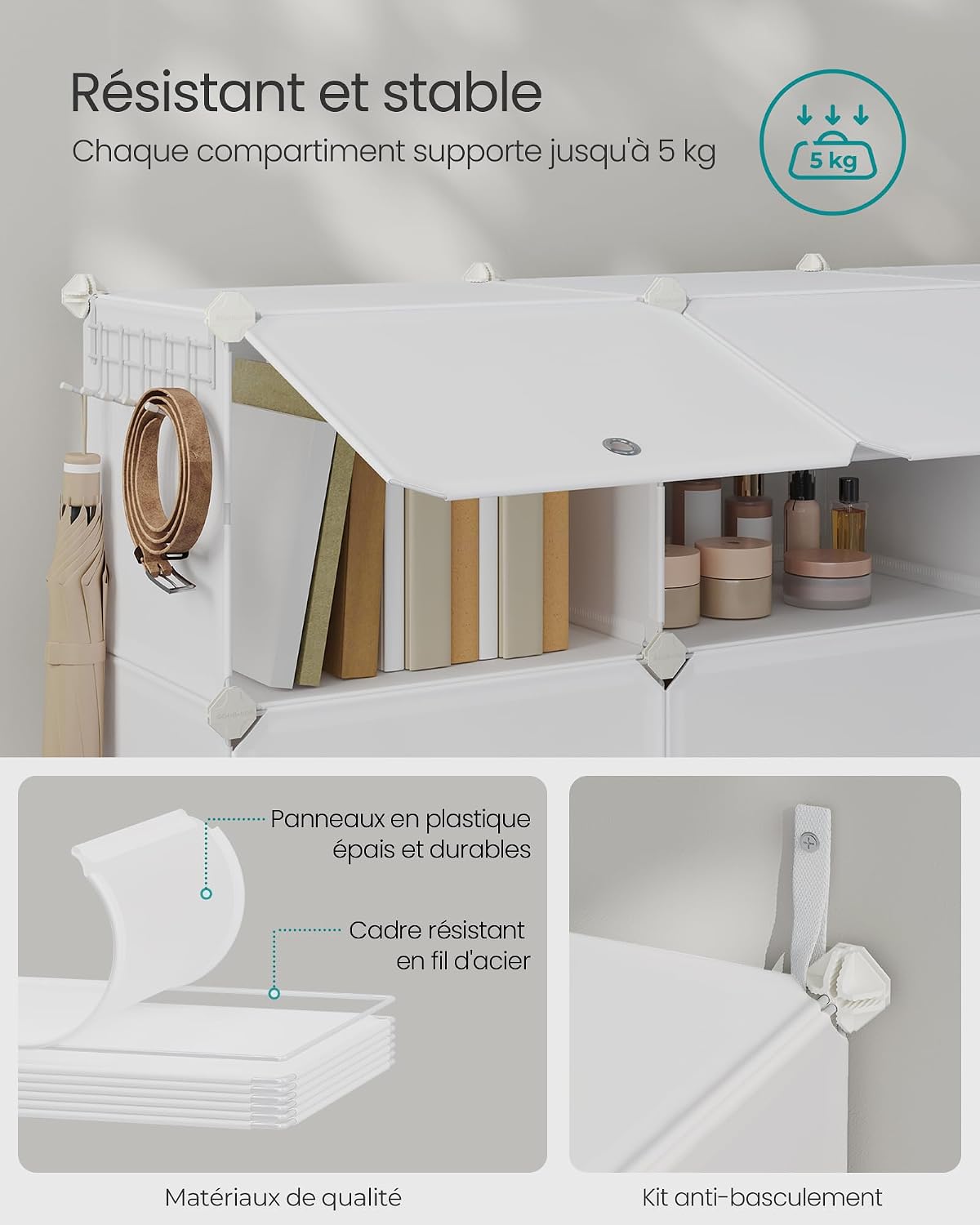 SONGMICS Étagère à Chaussures 10 Compartiments, Étagère de Rangement Modulable, Compartiment de 30 x 40 x 30 cm, Porte, Cadre en Acier, Plastique, pour Couloir, Chambre, Entrée, Noir LPC035B01