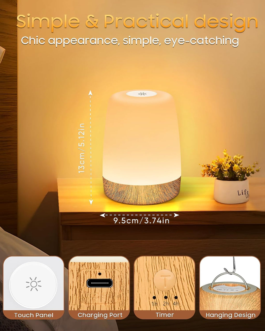 Lampe de Chevet Tactile Intensité Variable, 5 Modes & 256 Couleurs RVB Changement Veilleuse Bébé Enfants Adulte, Lampe d'allaitement LED Rechargeable USB, Lampe de table Sans Fil pour Chambre Ambiance
