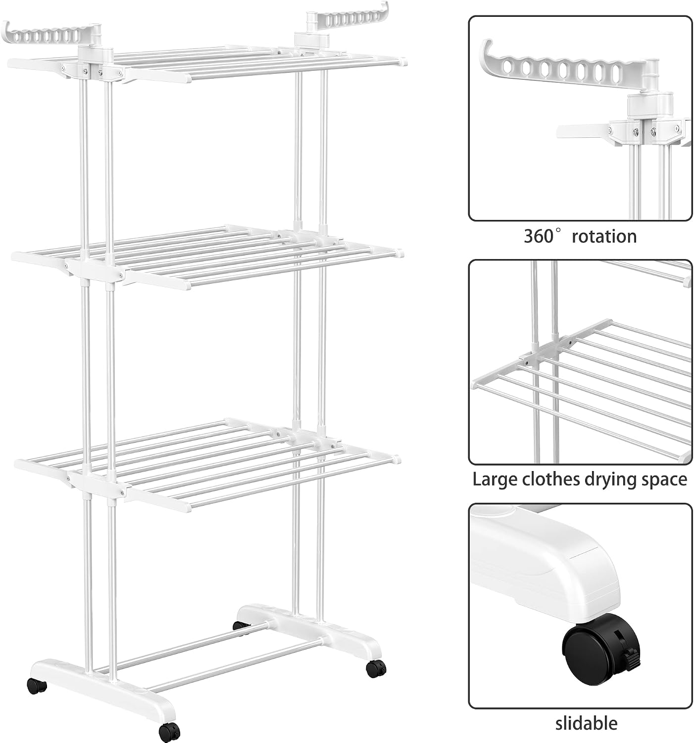 Etendoir Linge Interieur Exterieur, 4 Niveaux Pliable Sechoir a Linge, Gris | Acier Inoxydable Grande Seche Linge Etendoir avec Roues