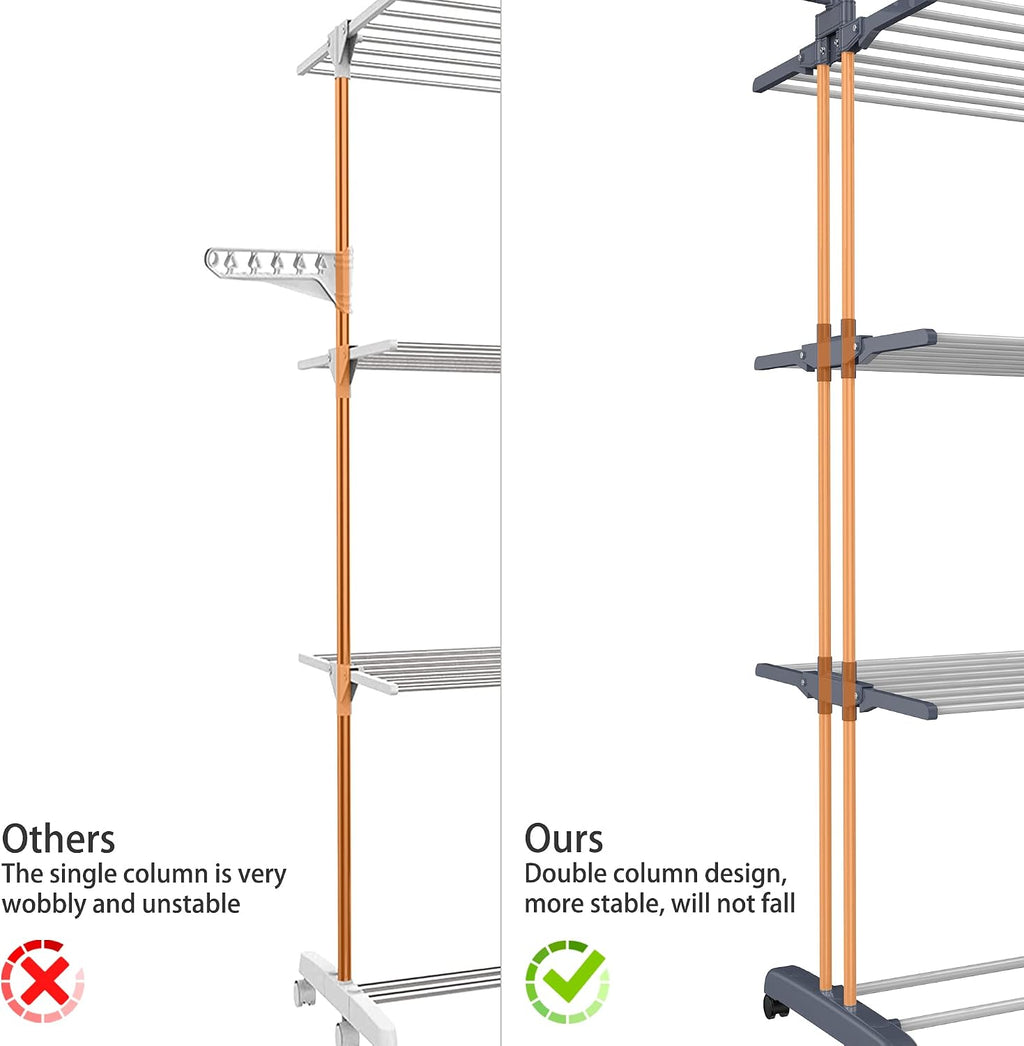 Etendoir Linge Interieur Exterieur, 4 Niveaux Pliable Sechoir a Linge, Gris | Acier Inoxydable Grande Seche Linge Etendoir avec Roues