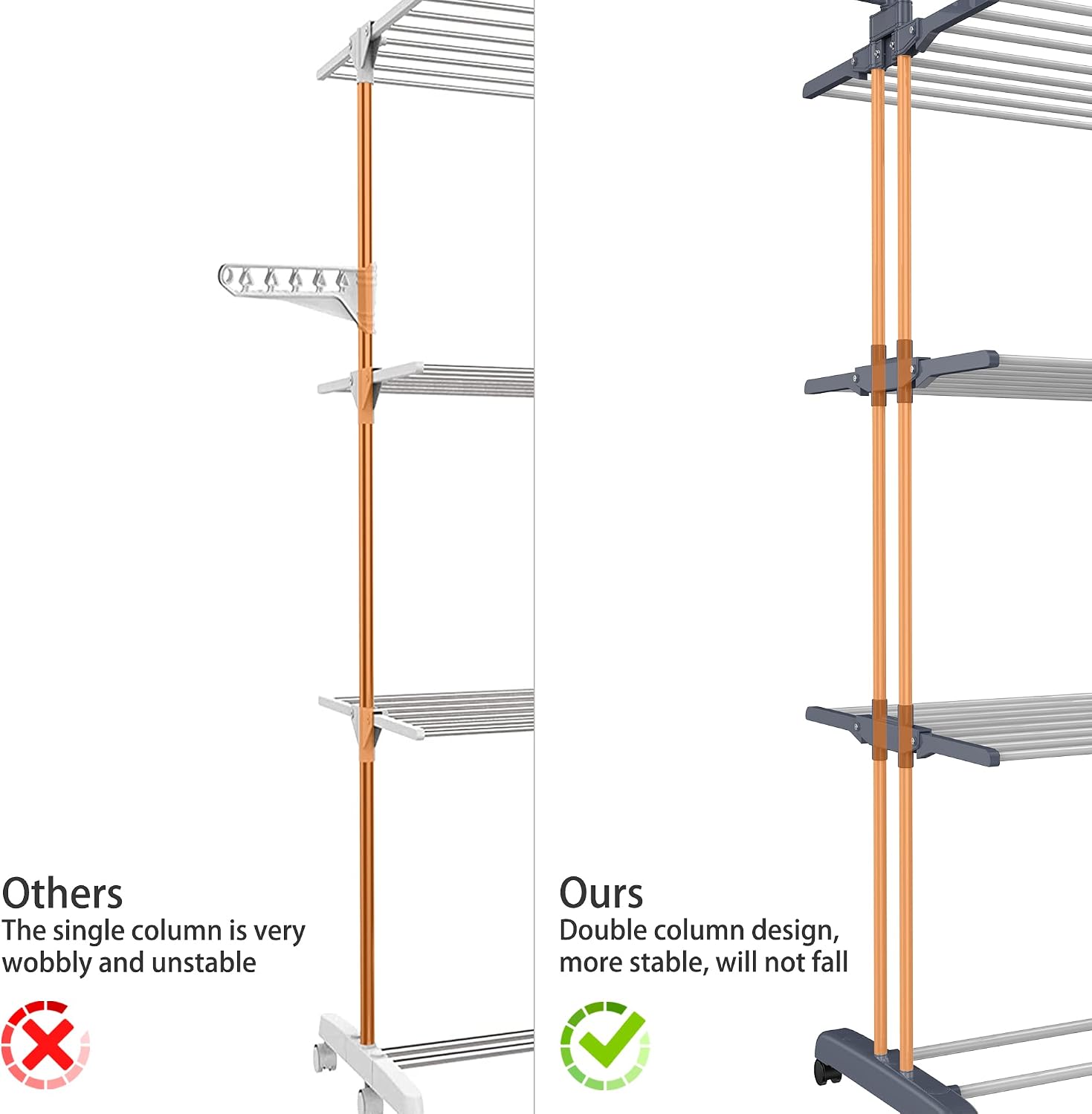 Etendoir Linge Interieur Exterieur, 4 Niveaux Pliable Sechoir a Linge, Gris | Acier Inoxydable Grande Seche Linge Etendoir avec Roues