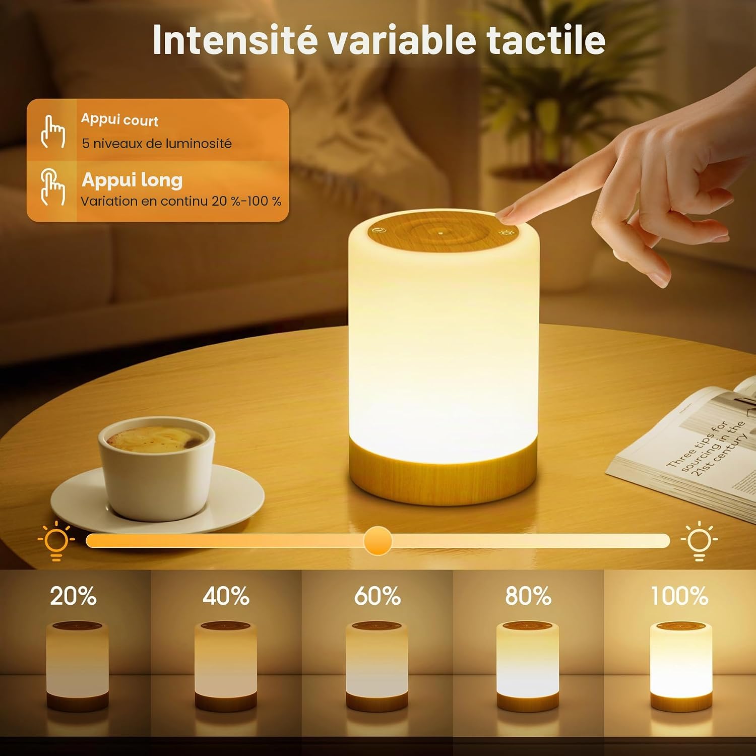 Lampe de Chevet Tactile Intensité Variable, 5 Modes & 256 Couleurs RVB Changement Veilleuse Bébé Enfants Adulte, Lampe d'allaitement LED Rechargeable USB, Lampe de table Sans Fil pour Chambre Ambiance