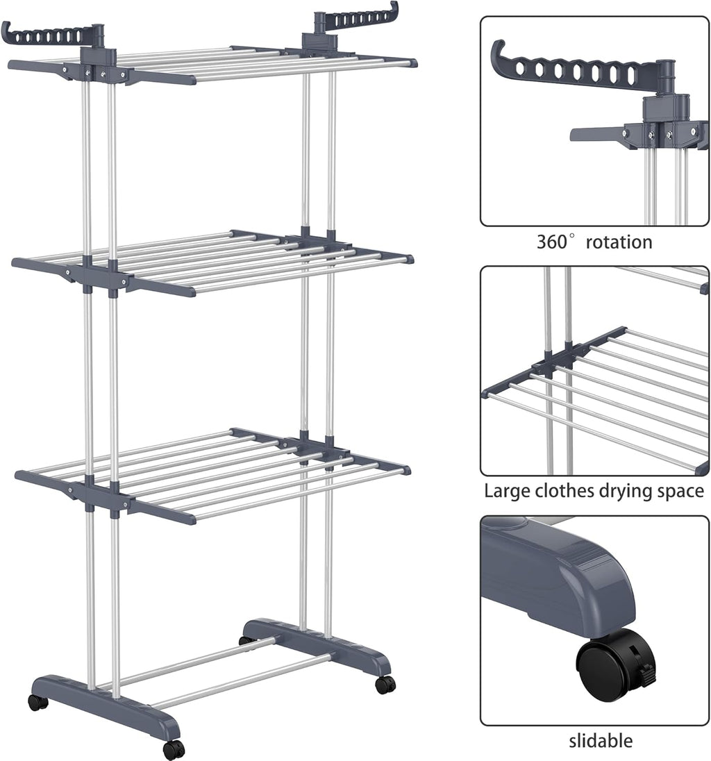 Etendoir Linge Interieur Exterieur, 4 Niveaux Pliable Sechoir a Linge, Gris | Acier Inoxydable Grande Seche Linge Etendoir avec Roues