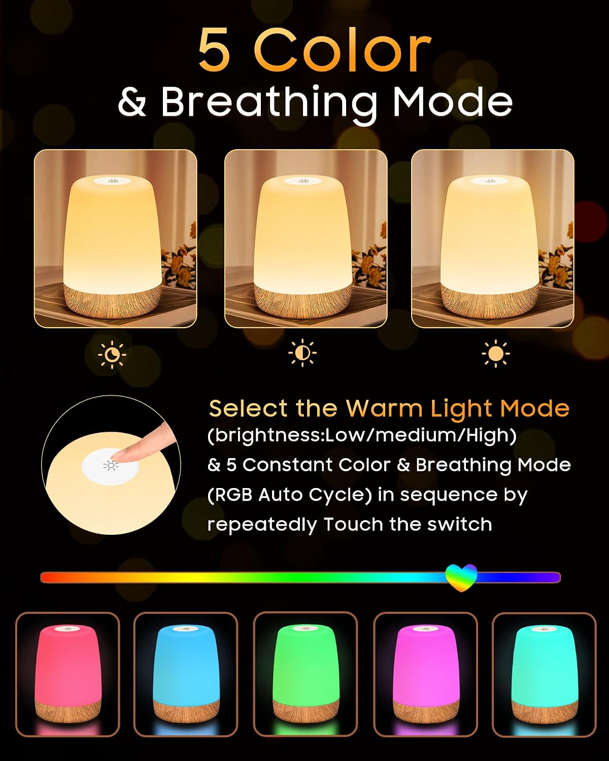 Lampe de Chevet Tactile Intensité Variable, 5 Modes & 256 Couleurs RVB Changement Veilleuse Bébé Enfants Adulte, Lampe d'allaitement LED Rechargeable USB, Lampe de table Sans Fil pour Chambre Ambiance