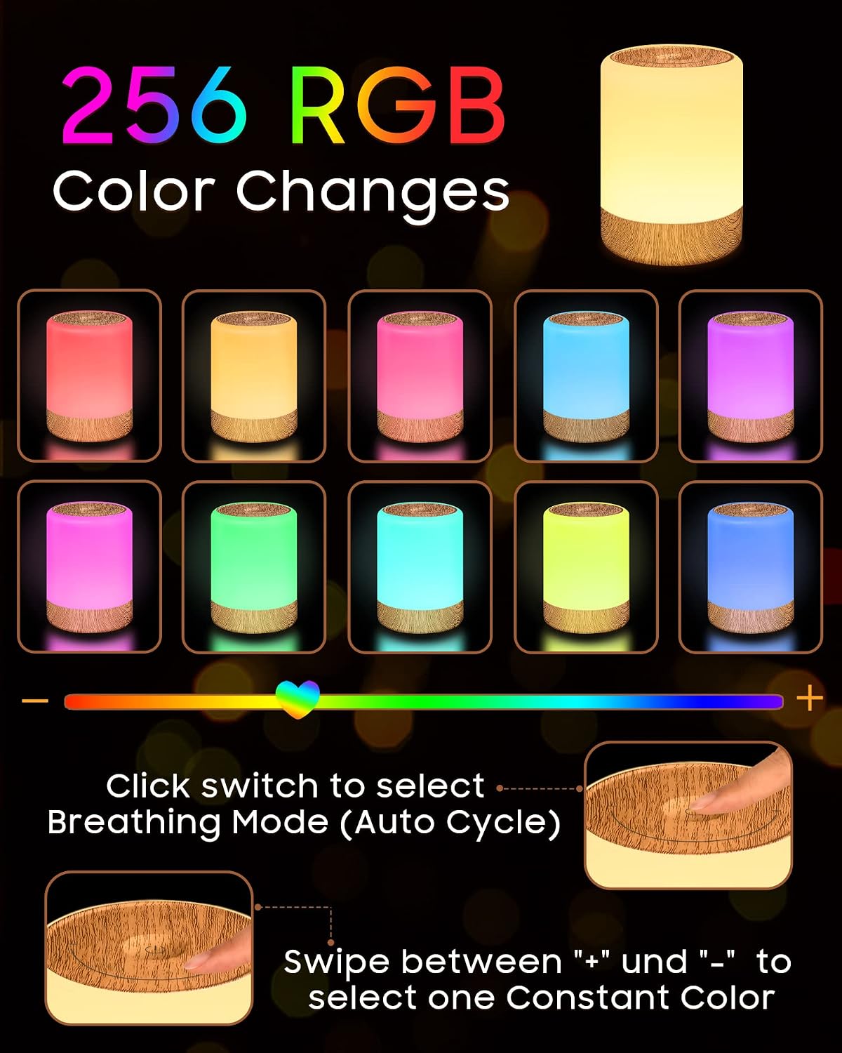 Lampe de Chevet Tactile Intensité Variable, 5 Modes & 256 Couleurs RVB Changement Veilleuse Bébé Enfants Adulte, Lampe d'allaitement LED Rechargeable USB, Lampe de table Sans Fil pour Chambre Ambiance