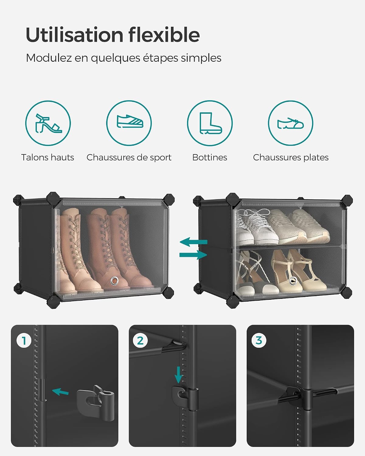 SONGMICS Étagère à Chaussures 10 Compartiments, Étagère de Rangement Modulable, Compartiment de 30 x 40 x 30 cm, Porte, Cadre en Acier, Plastique, pour Couloir, Chambre, Entrée, Noir LPC035B01