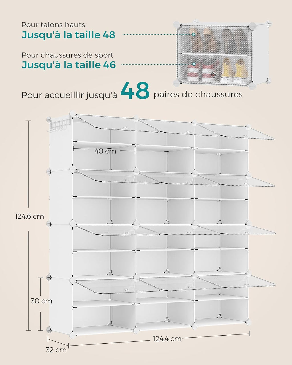 SONGMICS Étagère à Chaussures 10 Compartiments, Étagère de Rangement Modulable, Compartiment de 30 x 40 x 30 cm, Porte, Cadre en Acier, Plastique, pour Couloir, Chambre, Entrée, Noir LPC035B01