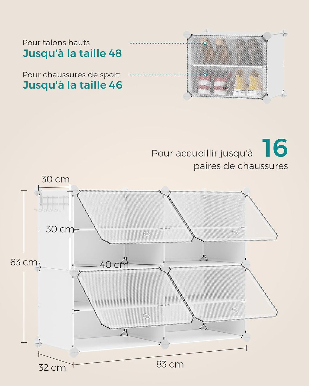 SONGMICS Étagère à Chaussures 10 Compartiments, Étagère de Rangement Modulable, Compartiment de 30 x 40 x 30 cm, Porte, Cadre en Acier, Plastique, pour Couloir, Chambre, Entrée, Noir LPC035B01