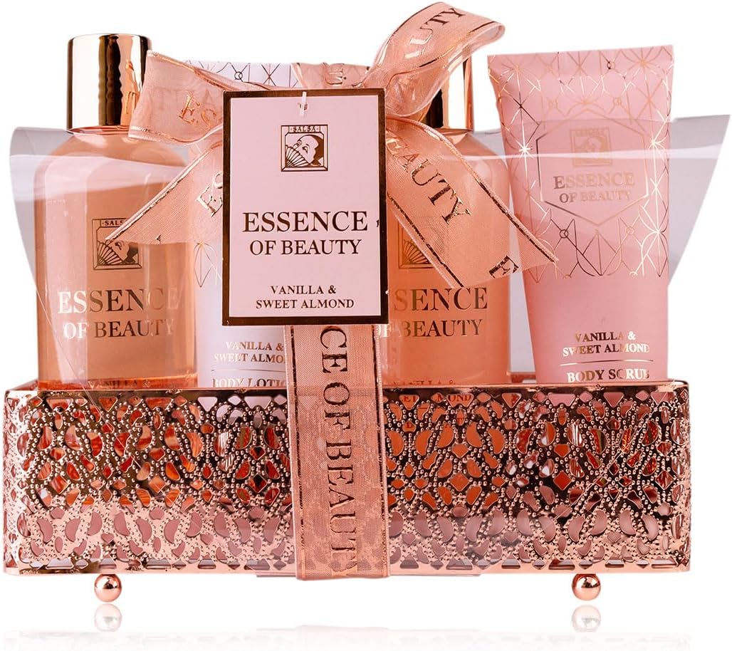 Accentra Coffret bain SALSA ESSENCE OF BEAUTY pour femmes dans panier, avec gel, bain moussant, lotion corps, exfoliant, parfum Vanille et Amande, cadeau de luxe pour femmes