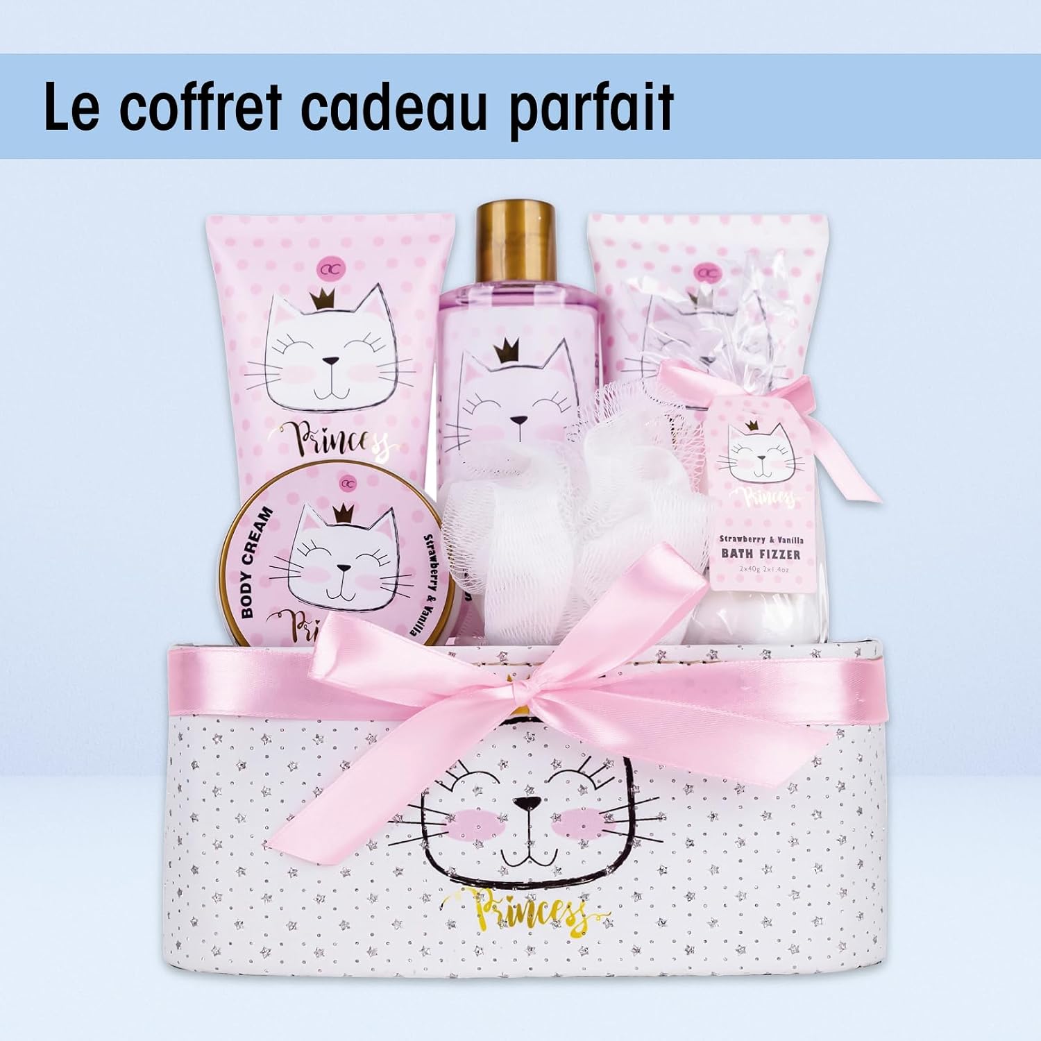 Accentra Coffret cadeau PRINCESS KITTY, coffret cadeau fille avec 250 ml gel douche, 180 ml lait corps, 180 ml gommage corps, 60 ml crème corps, 2 x 40 g bombe de bain, joli panier rose à offrir