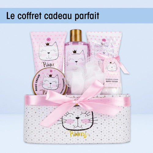 Accentra Coffret cadeau PRINCESS KITTY, coffret cadeau fille avec 250 ml gel douche, 180 ml lait corps, 180 ml gommage corps, 60 ml crème corps, 2 x 40 g bombe de bain, joli panier rose à offrir