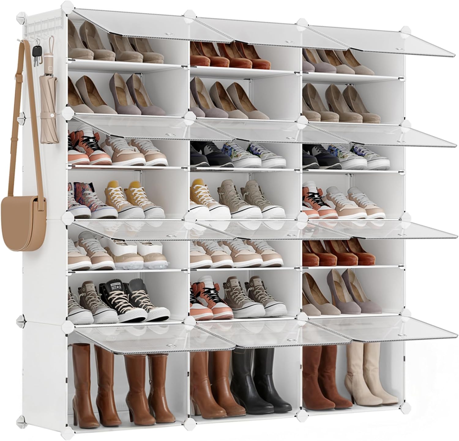 SONGMICS Étagère à Chaussures 10 Compartiments, Étagère de Rangement Modulable, Compartiment de 30 x 40 x 30 cm, Porte, Cadre en Acier, Plastique, pour Couloir, Chambre, Entrée, Noir LPC035B01