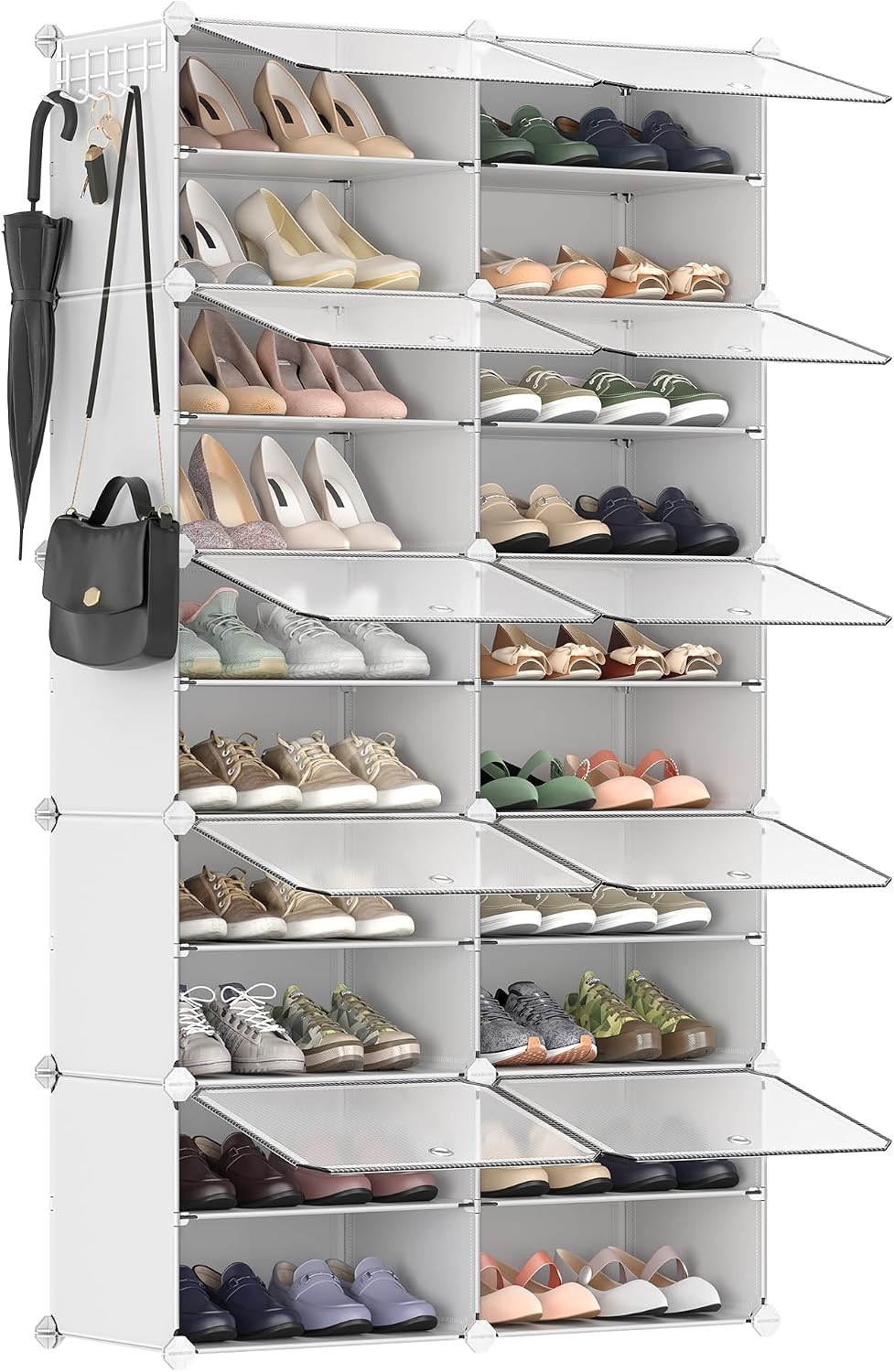 SONGMICS Étagère à Chaussures 10 Compartiments, Étagère de Rangement Modulable, Compartiment de 30 x 40 x 30 cm, Porte, Cadre en Acier, Plastique, pour Couloir, Chambre, Entrée, Noir LPC035B01