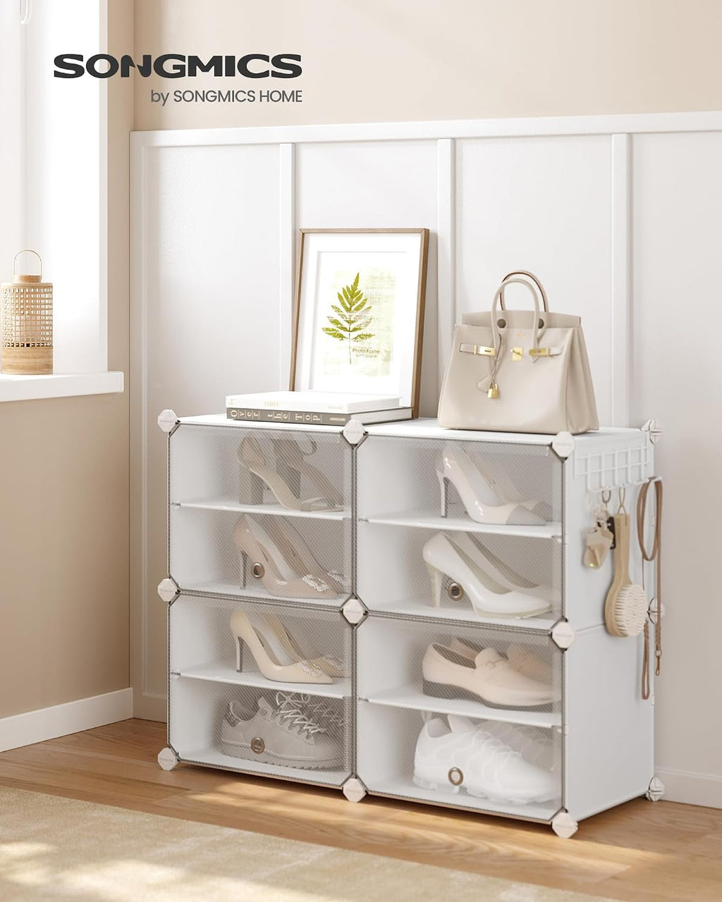 SONGMICS Étagère à Chaussures 10 Compartiments, Étagère de Rangement Modulable, Compartiment de 30 x 40 x 30 cm, Porte, Cadre en Acier, Plastique, pour Couloir, Chambre, Entrée, Noir LPC035B01