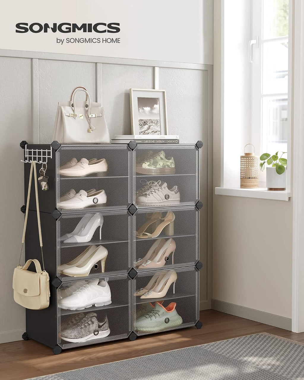 SONGMICS Étagère à Chaussures 10 Compartiments, Étagère de Rangement Modulable, Compartiment de 30 x 40 x 30 cm, Porte, Cadre en Acier, Plastique, pour Couloir, Chambre, Entrée, Noir LPC035B01