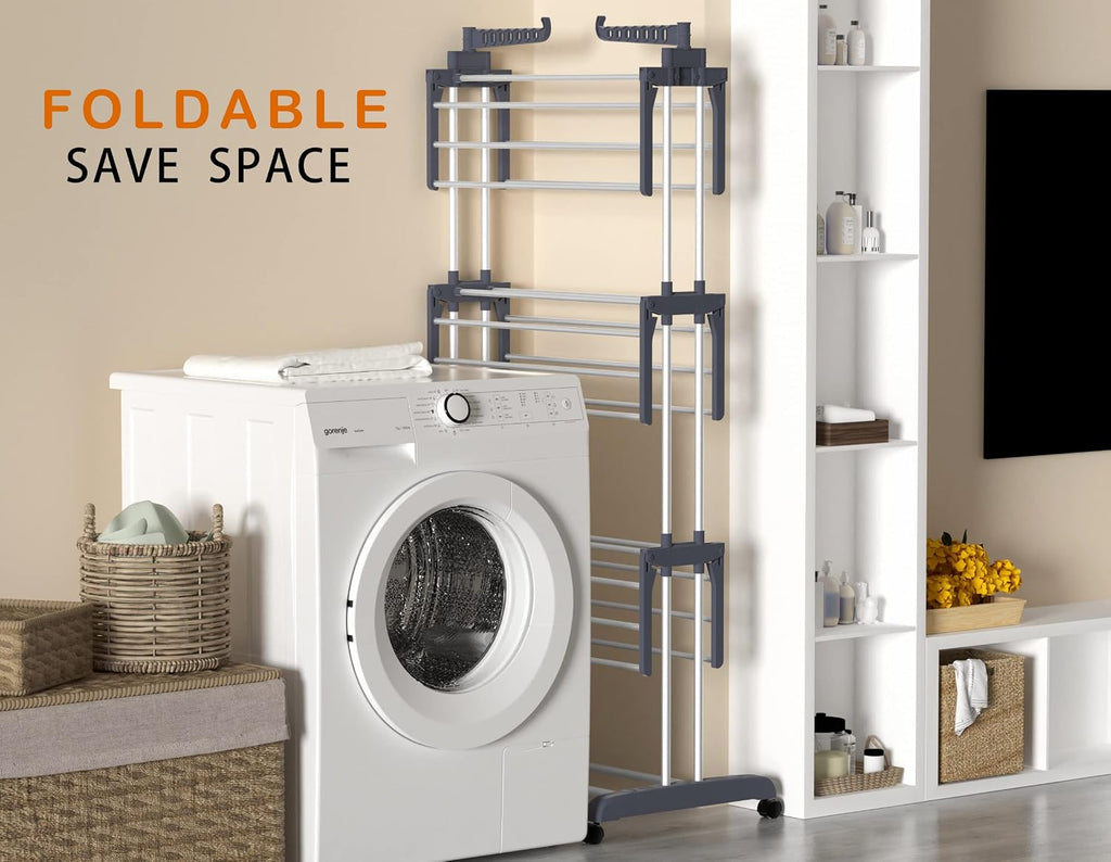 Etendoir Linge Interieur Exterieur, 4 Niveaux Pliable Sechoir a Linge, Gris | Acier Inoxydable Grande Seche Linge Etendoir avec Roues