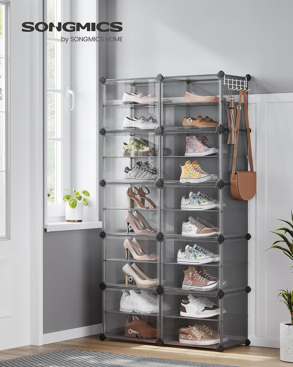 SONGMICS Étagère à Chaussures 10 Compartiments, Étagère de Rangement Modulable, Compartiment de 30 x 40 x 30 cm, Porte, Cadre en Acier, Plastique, pour Couloir, Chambre, Entrée, Noir LPC035B01