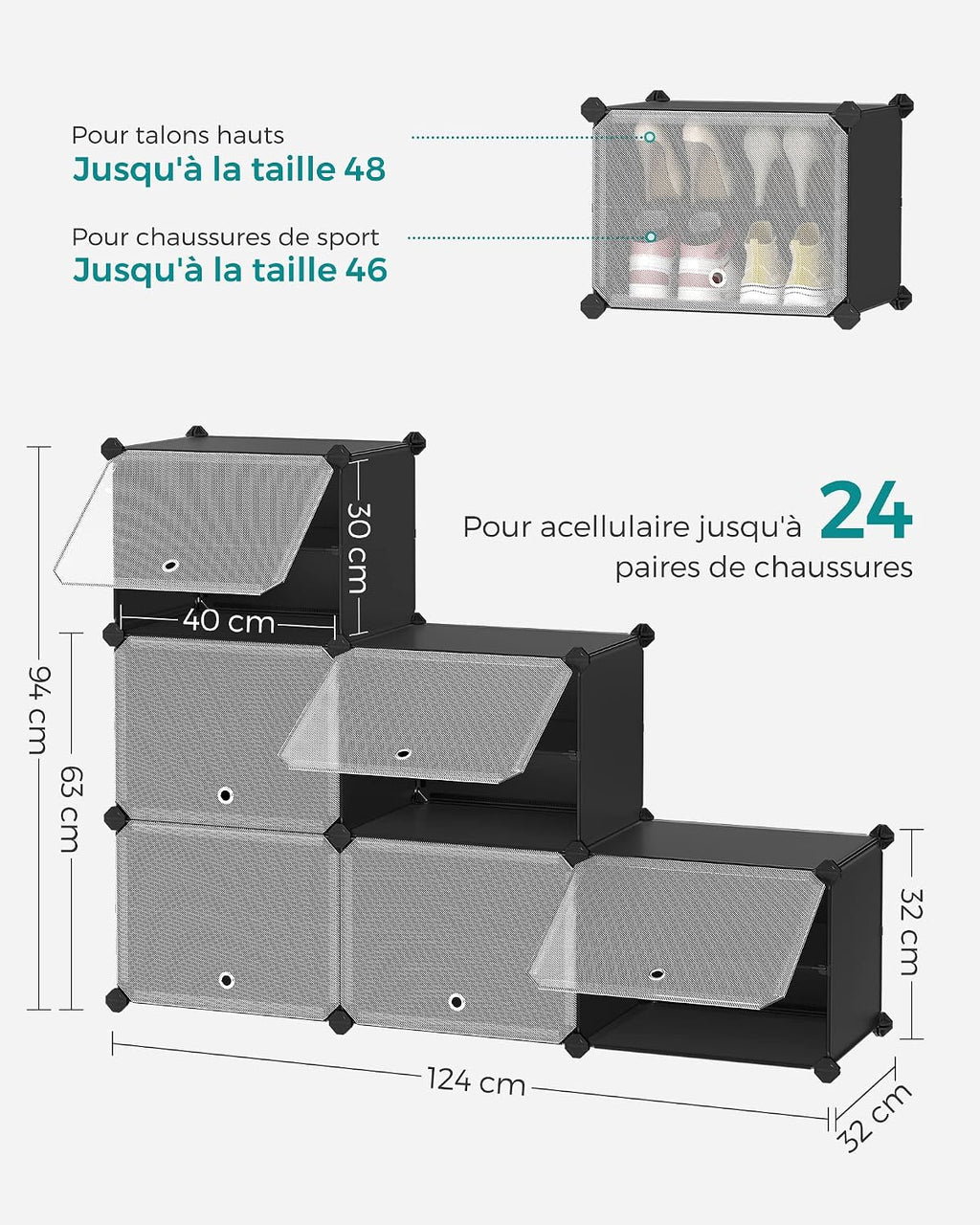 SONGMICS Étagère à Chaussures 10 Compartiments, Étagère de Rangement Modulable, Compartiment de 30 x 40 x 30 cm, Porte, Cadre en Acier, Plastique, pour Couloir, Chambre, Entrée, Noir LPC035B01