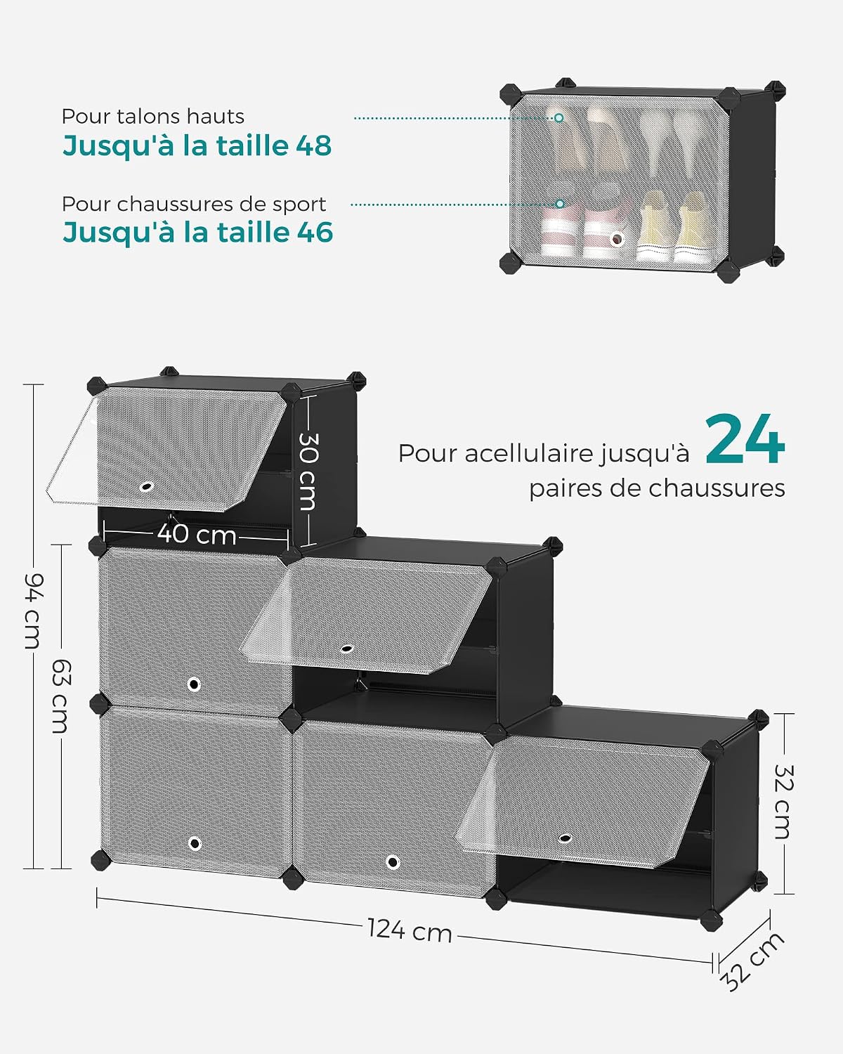 SONGMICS Étagère à Chaussures 10 Compartiments, Étagère de Rangement Modulable, Compartiment de 30 x 40 x 30 cm, Porte, Cadre en Acier, Plastique, pour Couloir, Chambre, Entrée, Noir LPC035B01