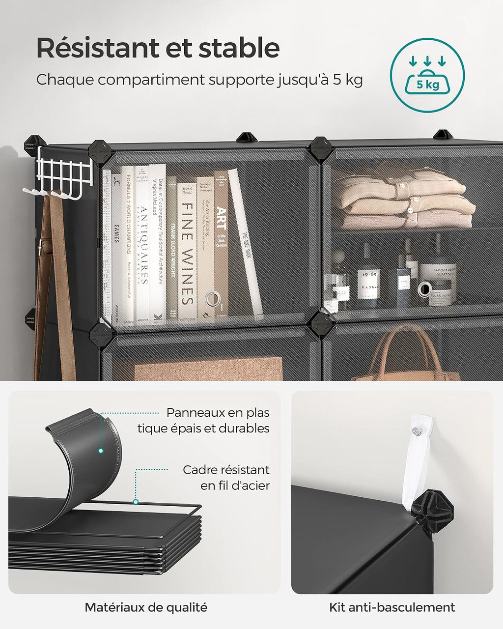 SONGMICS Étagère à Chaussures 10 Compartiments, Étagère de Rangement Modulable, Compartiment de 30 x 40 x 30 cm, Porte, Cadre en Acier, Plastique, pour Couloir, Chambre, Entrée, Noir LPC035B01