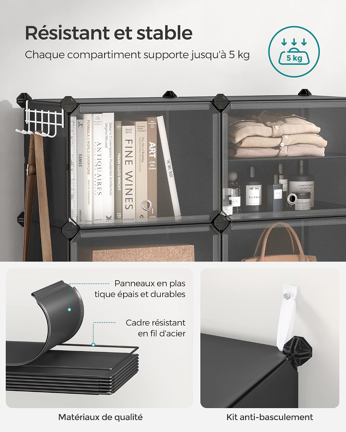 SONGMICS Étagère à Chaussures 10 Compartiments, Étagère de Rangement Modulable, Compartiment de 30 x 40 x 30 cm, Porte, Cadre en Acier, Plastique, pour Couloir, Chambre, Entrée, Noir LPC035B01