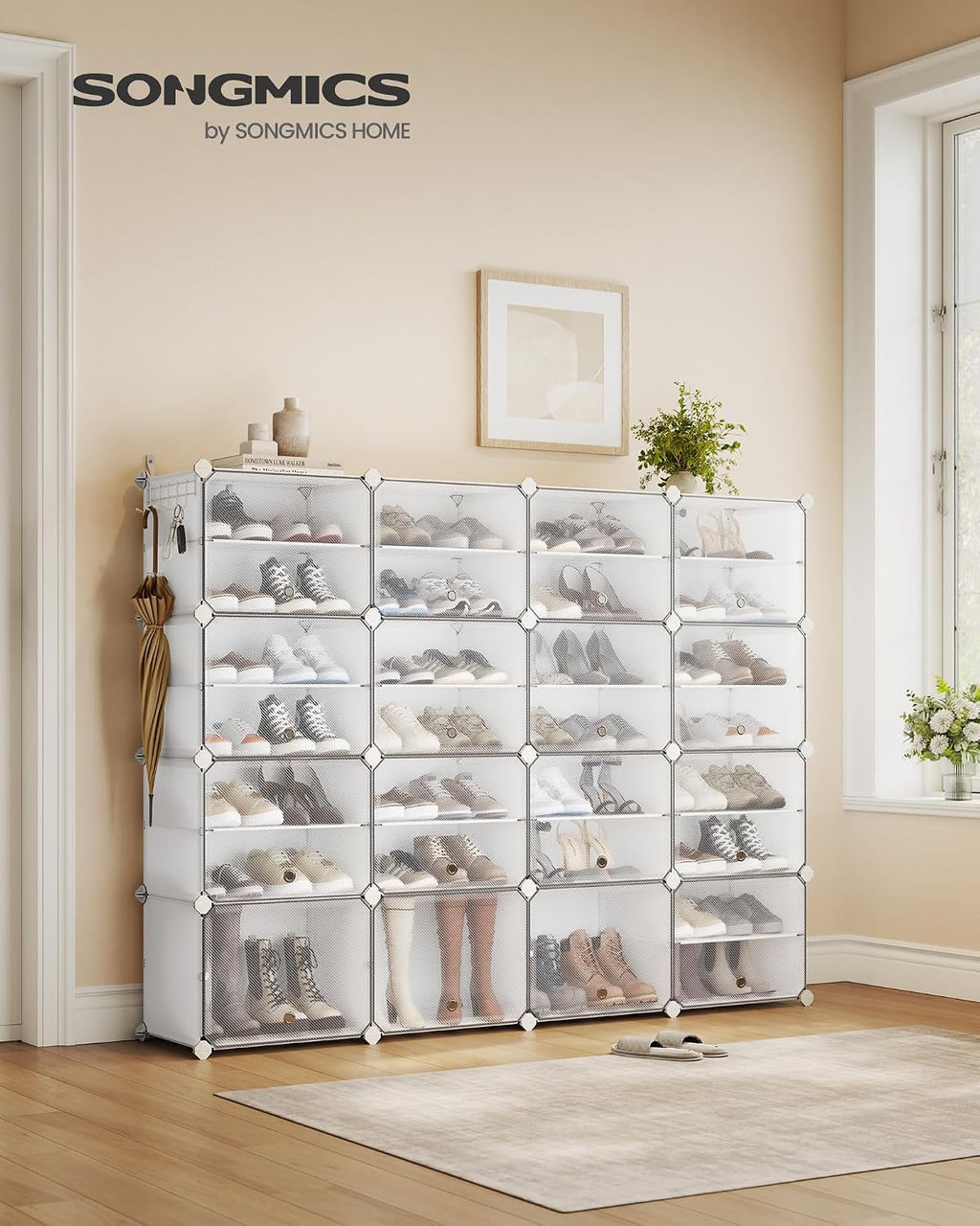 SONGMICS Étagère à Chaussures 10 Compartiments, Étagère de Rangement Modulable, Compartiment de 30 x 40 x 30 cm, Porte, Cadre en Acier, Plastique, pour Couloir, Chambre, Entrée, Noir LPC035B01