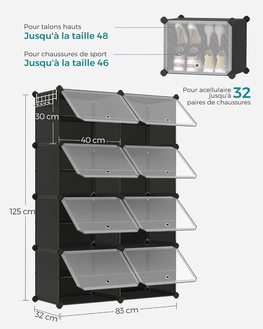 SONGMICS Étagère à Chaussures 10 Compartiments, Étagère de Rangement Modulable, Compartiment de 30 x 40 x 30 cm, Porte, Cadre en Acier, Plastique, pour Couloir, Chambre, Entrée, Noir LPC035B01